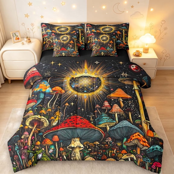 Homewish Watercolor Botanical Mushroom 7-Piece Twin Bedding,Vintage Fungus Plant Bedding Comforter Set,Black Reversible