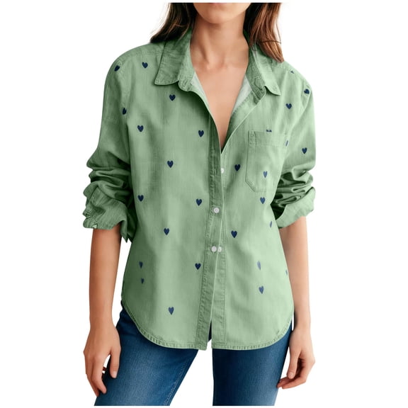 Yuanlook Women's Loose Fit Heart Embroidery Denim Shirt, Lapel Collar Roll Tab Long Sleeve Breathable Layered Daily Tops S-XXL