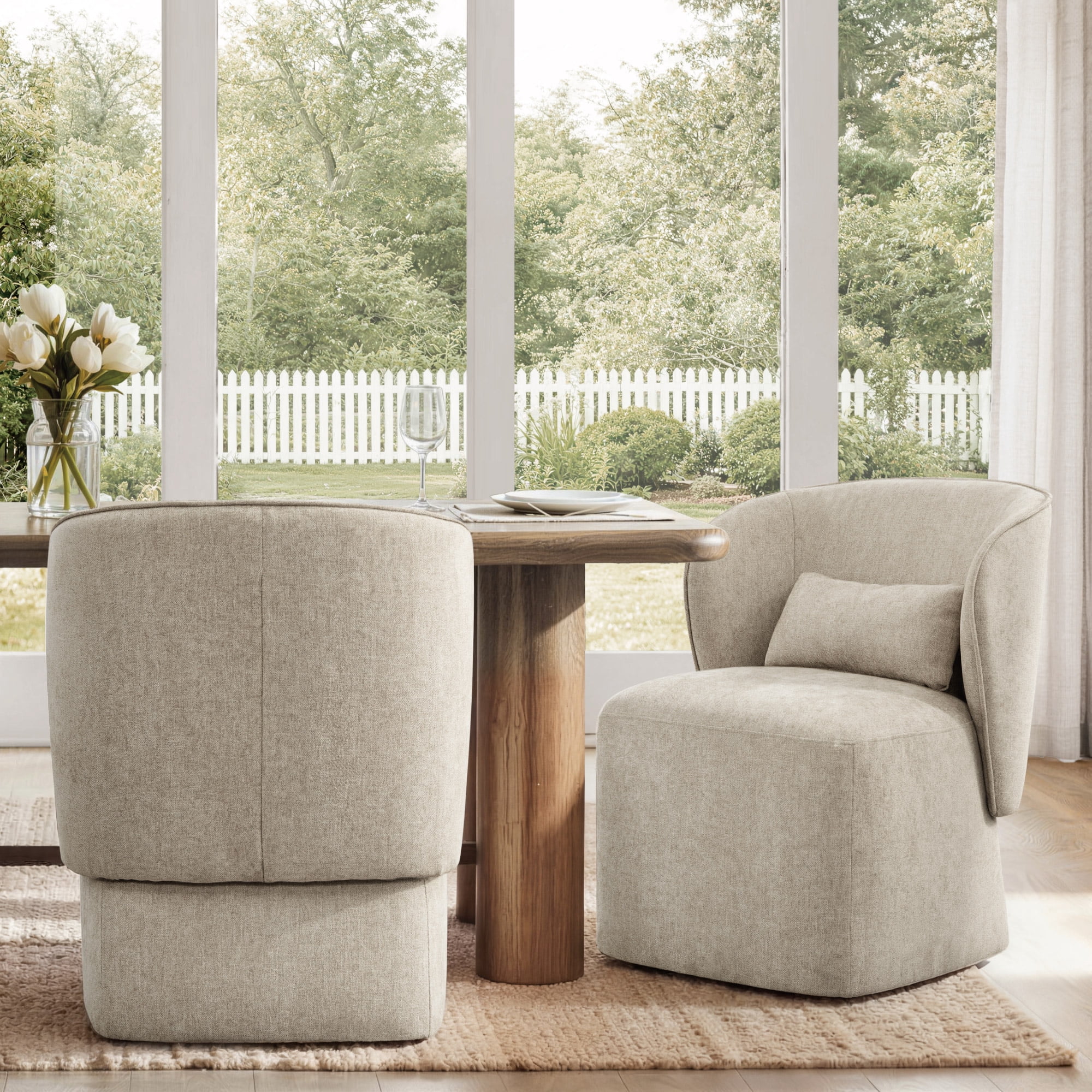 Spruce & Spring Rolling Dining Chairs, Spill-Proof & Stain Resistant Barrel Armchair with Casters, Modern Upholstered Seat and Removable Back Support Pillow for Kitchen Living Room, Khaki