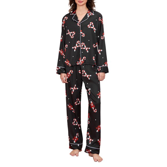 Women Christmas Pajamas Lounge Set Candy Cane Print Long Sleeve Shirts Tops Pants 2 Piece Sleepwear Jammies Outfits
