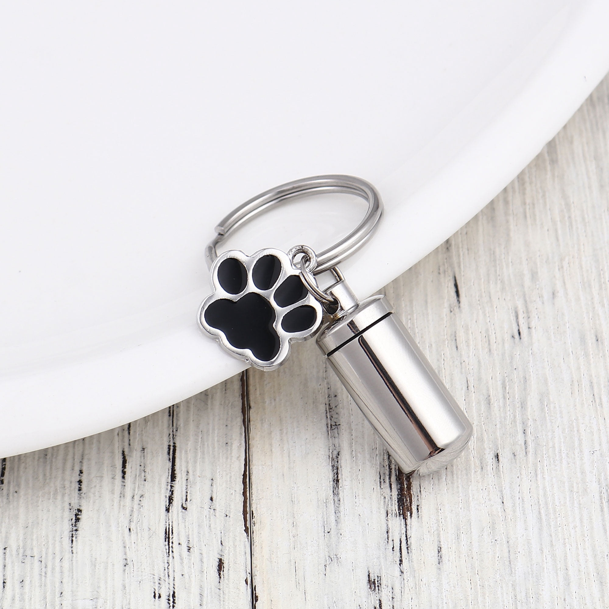 Waterproof Stainless Steel Silver Pet Cremation Urn Cylinder Bottle Black Paw Print Charm Keychain Memorial Ash Keepsake Cremation Jewelry Key Ring with Free Funnel Kit and Velvet Jewelry Box