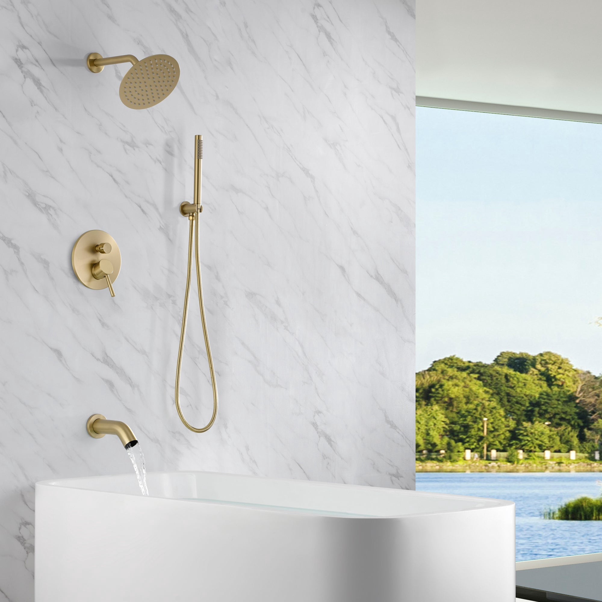 SUMERAIN Shower System with Tub Spout and Handheld Shower, Brass Rain Shower Tub Set with 8 Inches Shower Head and Rough in Valve Brushed Gold