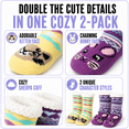 thumbnail image 2 of Muk Luks Kids Jacquard Knit Character Cabin Socks, 2 Pack, Soft Sole with Silicone Grippers, YLW/PRPL, S/M, 2 of 8