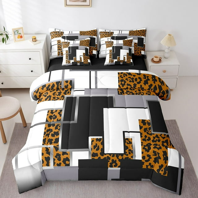 YST Orange Leopard Print Comforter Set With Sheets 7 Piece Queen Black Grey Abstract Geometric Bedding Set Safari Cheetah Grids Bed In A Bag For Kids Adults Wildlife Animal Check Bed Set