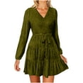 thumbnail image 3 of YTCAMLO V Neck Midi Dresses for Women Formal Long Sleeve Velvet Dress Belted Fit and Flare Dress Winter Evening Club Cocktail Dresses, Army Green M, 3 of 9
