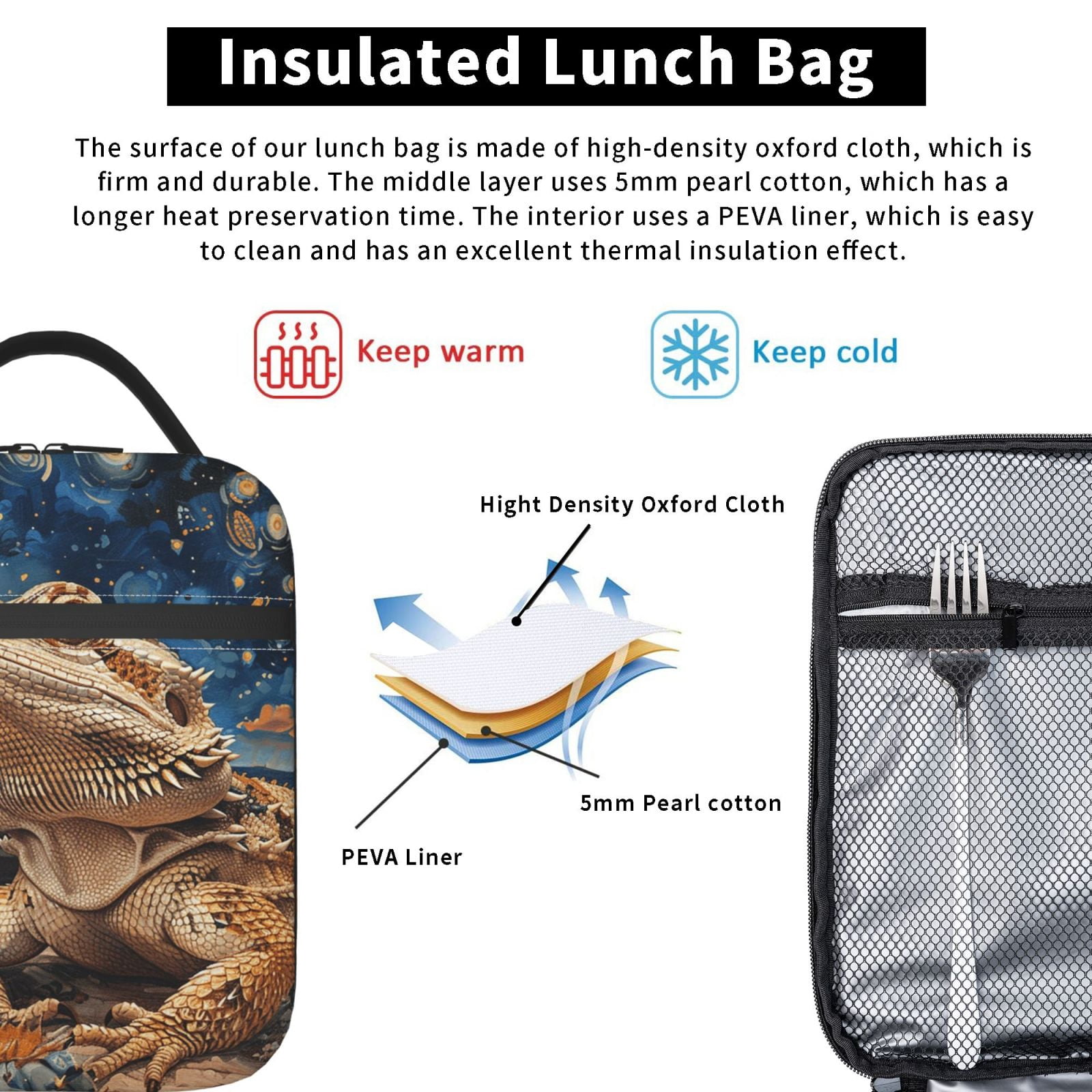 Bearded Dragon Lizards Retro Starry Lunch Box Bag Insulated Lunchbox Reusable Tote Thermal Cooler Portable for Women Men