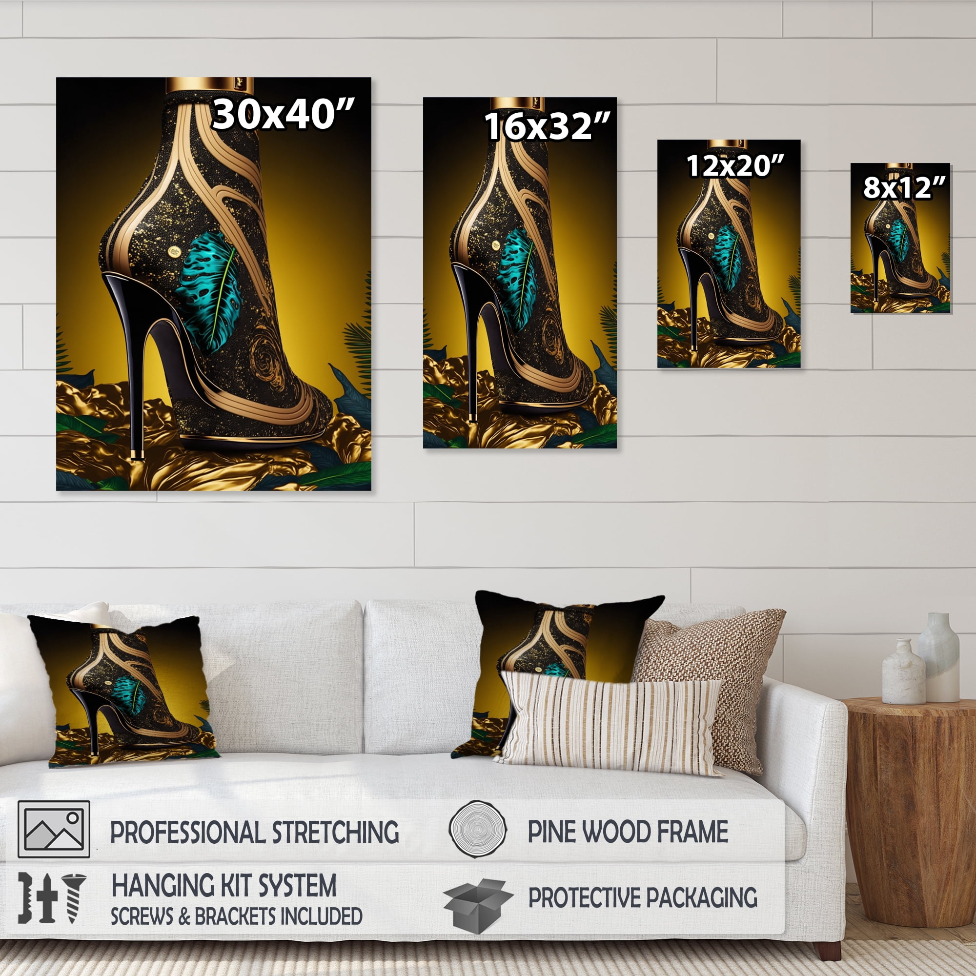 Designart Black And Gold High Heel Shoe V Canvas Wall Art