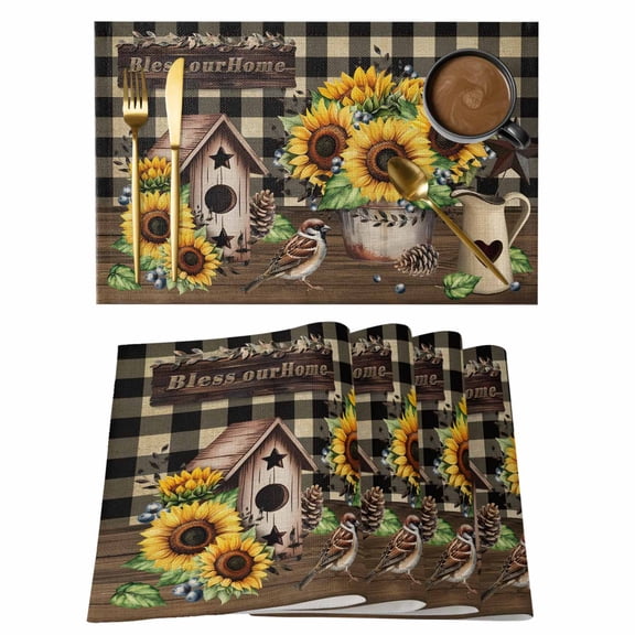 Yellow Sunflowers Placemats Set of 8, Western Star Brown Farmhouse Plaid Placemats for Dining Table, Place Mats for Kitchen Tabletop, Waterproof Wipeable Dining Table Mats Set