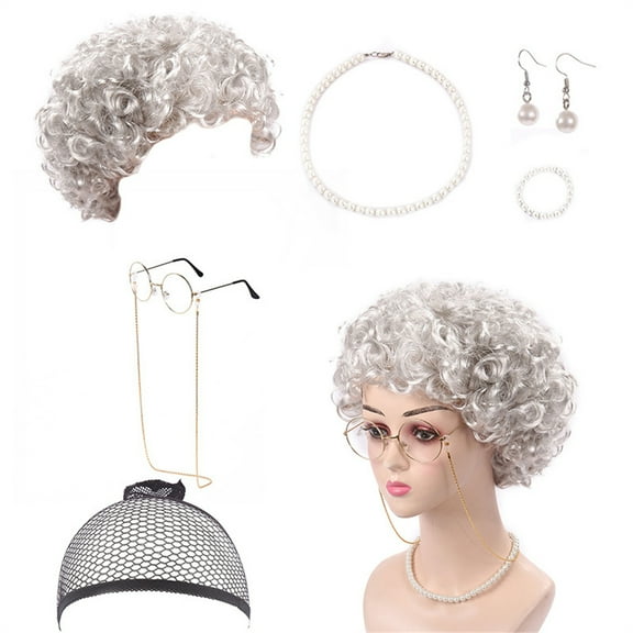 Short Curly Wigs Old Lady Wig Granny Wig Old Lady Costume For Women Grandma Wig Cap Glasses Chain Pearl Necklace Earring Bracelet(7 Pieces) Grey Wigs Human Hair Clearance