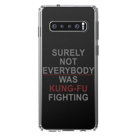 DistinctInk Clear Shockproof Hybrid Case for Samsung Galaxy S10+ PLUS (6.4 Screen) - TPU Bumper Acrylic Back Tempered Glass Screen Protector - Surely Not Everybody Was Kung Fu Fighting