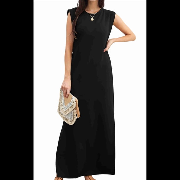Vestido Maxi de Verano para Mujer, Informal, Holgado, con Abertura, Sin Arrugas, con Cuello Redondo y Bolsillos, Color Negro, 2025, Talla S