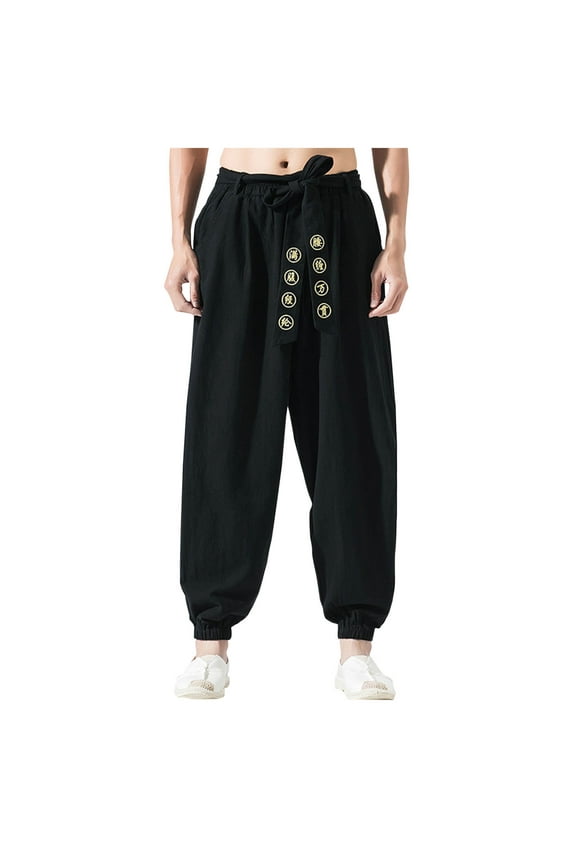 Mens Casual Cotton Linen Pants Big and Tall Kung Fu Martial Arts Pants Tai Chi Baggy Harem Trousers