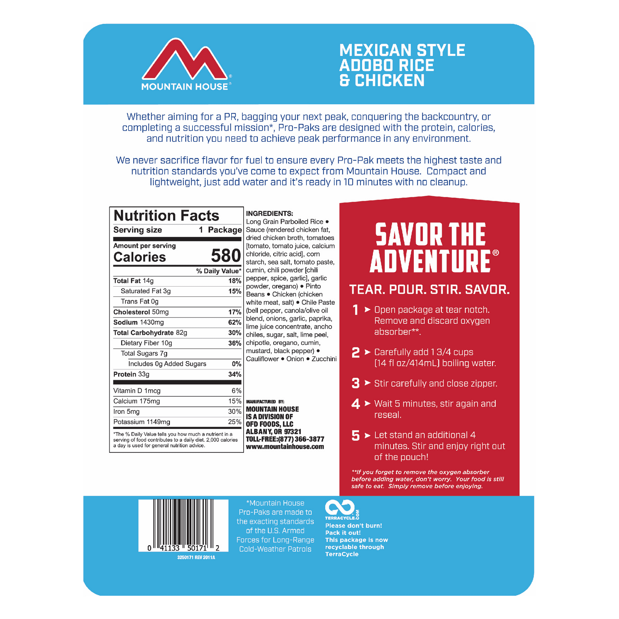 Mountain House Mexican Style Adobo Rice & Chicken - Pro-Pak® Emergency Survival Food for Camping, Hiking and Backpacking - 6 Pouches