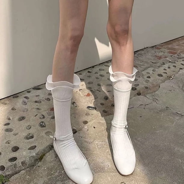 XmhyTop 2 pares de calcetines casuales de tubo de algodón hasta la rodilla para mujer, calcetines largos hasta la rodilla de punto sólido, regalo para toda la temporada, elásticos, suaves (blancos)