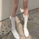 thumbnail image 1 of XmhyTop 2 pares de calcetines casuales de tubo de algodón hasta la rodilla para mujer, calcetines largos hasta la rodilla de punto sólido, regalo para toda la temporada, elásticos, suaves (blancos), 1 of 2
