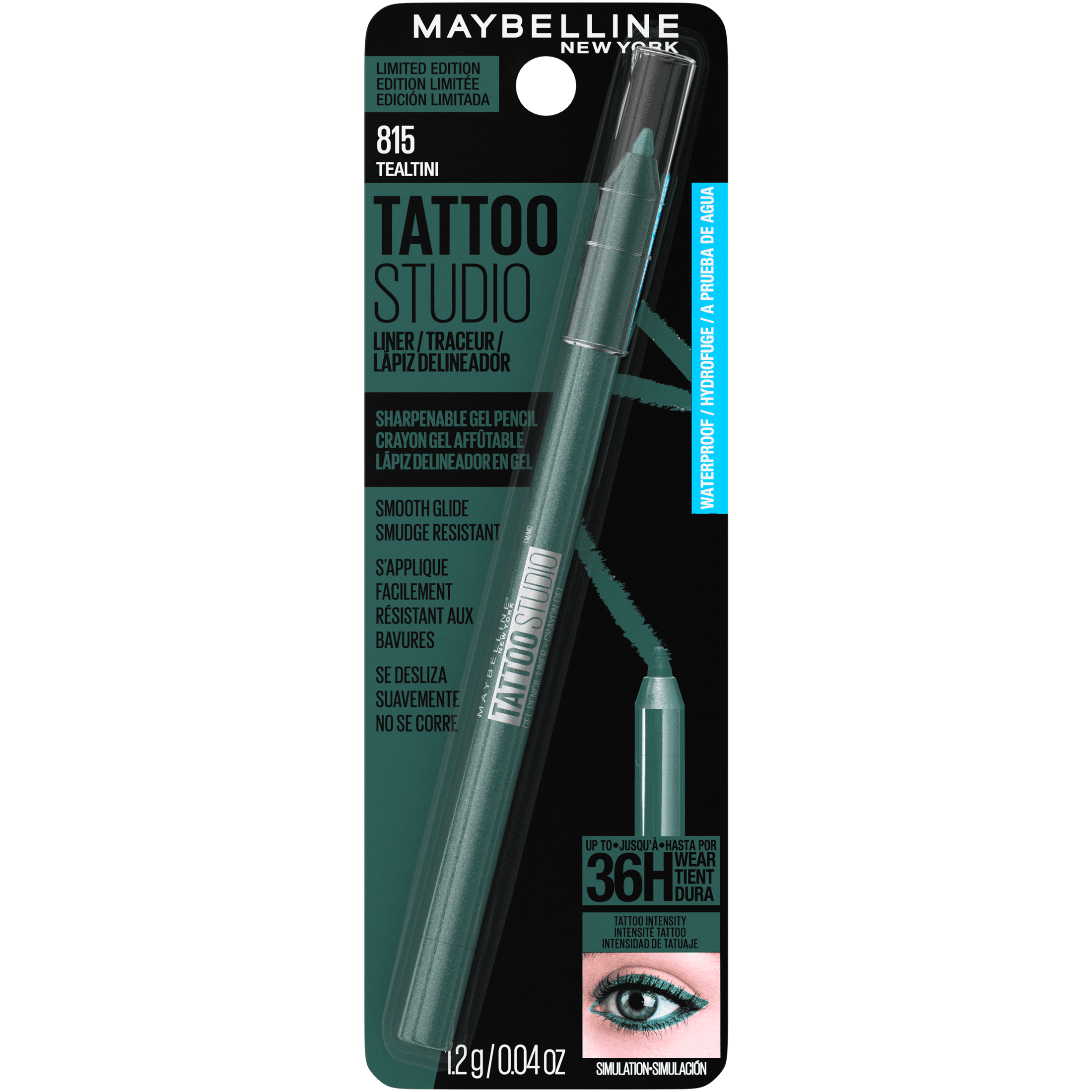 (2 pack) Maybelline Tattoo Studio Sharpenable Gel Pencil Waterproof Longwear Eyeliner, Tealtini, 0.04 oz