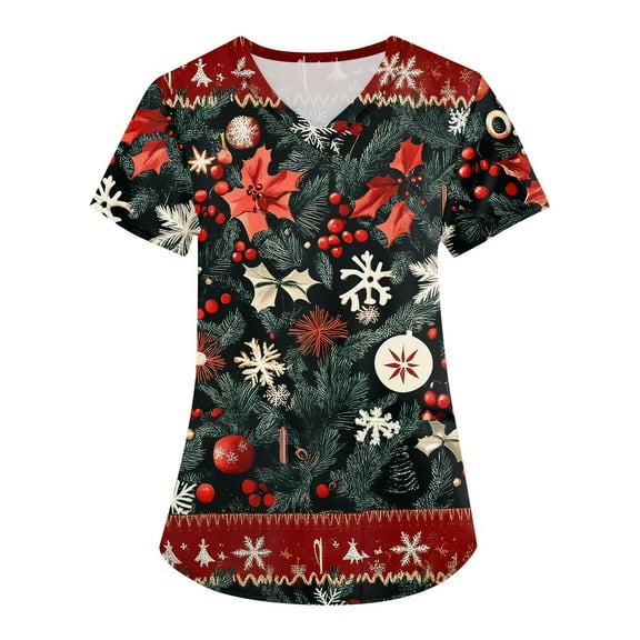 Garbnen Nightmare Before Christmas Scrub Top Funny Xmas Printed V Neck Short Sleeve Fall Womens Scrub Tops Nursing Uniform with Pocket S-5XL
