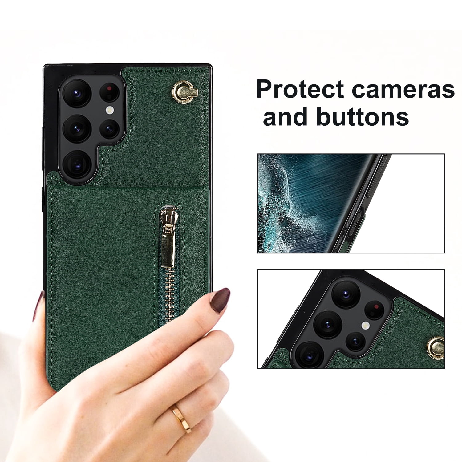 Dteck Flip Leather Wallet Case for Samsung Galaxy S24 Ultra, Crossbody Wallet Case with Credit Card Holder Zipper Pocket Lanyard Shoulder Strap, Kickstand Phone Cover for Samsung S24 Ultra,Green
