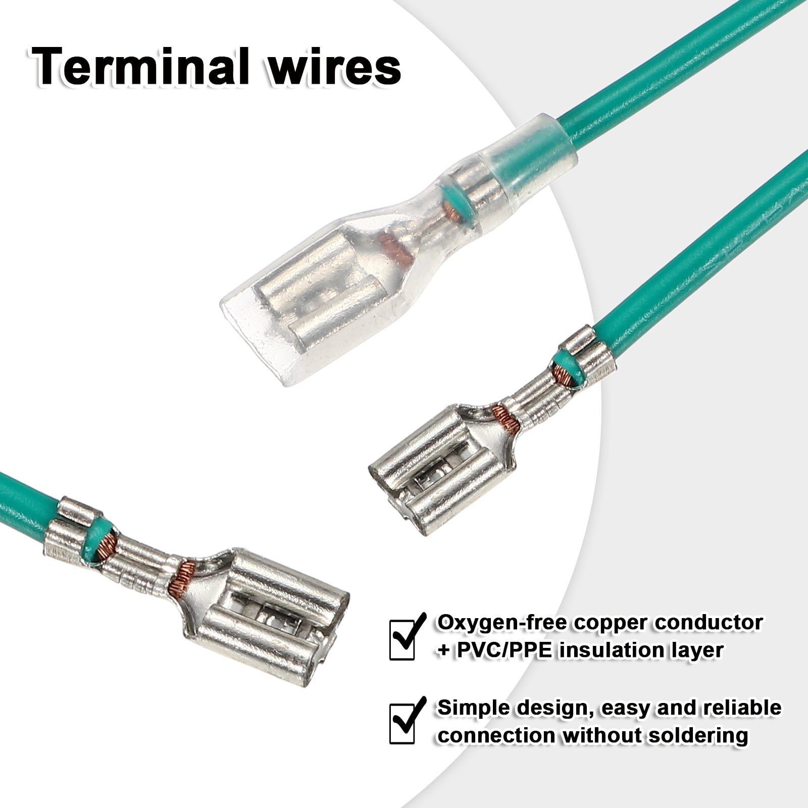 60 Pack Female Spade Crimp Terminal with Insulating Sleeve 4.8mm, Female Spade Quick Connector Assortment Kit with 20cm Wires, Flame Retardant Cover, Green