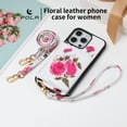 thumbnail image 5 of for iPhone 13 Mirror Wallet Case with Card Holder, Floral Flower Print Back Flip Folio PU Leather Kickstand Shoulder Strap / Wristlet Magnetic Clasp Cover for iPhone 13, White, 5 of 11