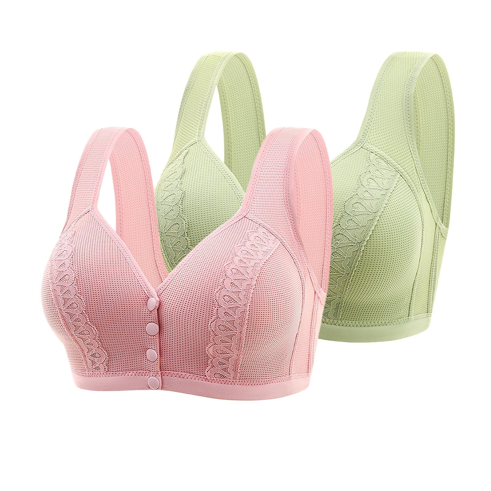 BSDJILFG 2 Pack Plus Size Bras for Women Front Closure Lace Support Bras for Older Women Lift Wireless Cute Bralette Bras Comfortable Bra,36-46