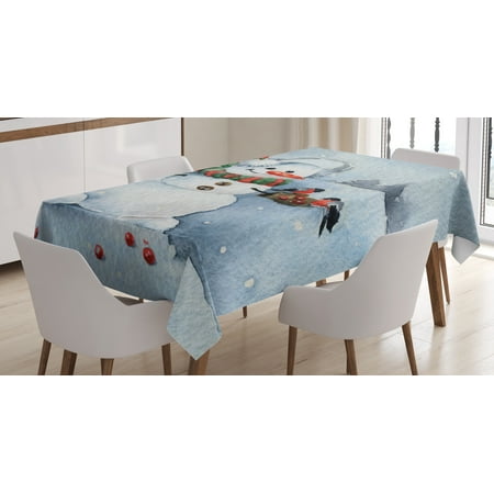Snowman Vinyl Tablecloth Snowman Tablecloth, Watercolor Style Snowfall Outdoors Merry Christmas Theme Winter Bullfinch Birds, Rectangular Table Cover for Dining Room Kitchen, 52 X 70 Inches, Multicolor, by Ambesonne ()