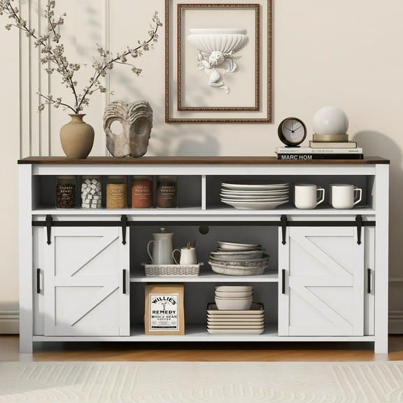 YIYADO 59.3 Inch Buffet Farmhouse Sideboard with Sliding Barn Door and Mesh Panels, Coffee Bar Cabinet with 2 Open Cubbies and 2 Shelves, White