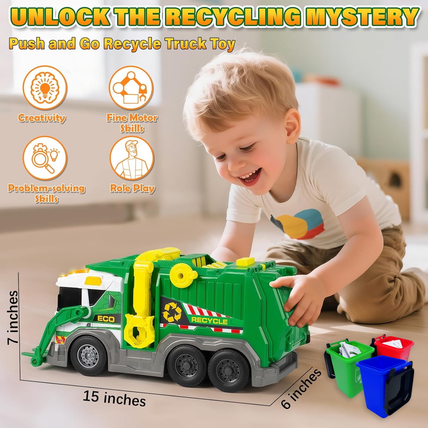 LINXUXIE Large Garbage Truck Toy Set, Kids Trash Truck with Sound, Light & Trash Bins, Birthday Gifts for Kids 3-5 5-8 8-12 Year Old