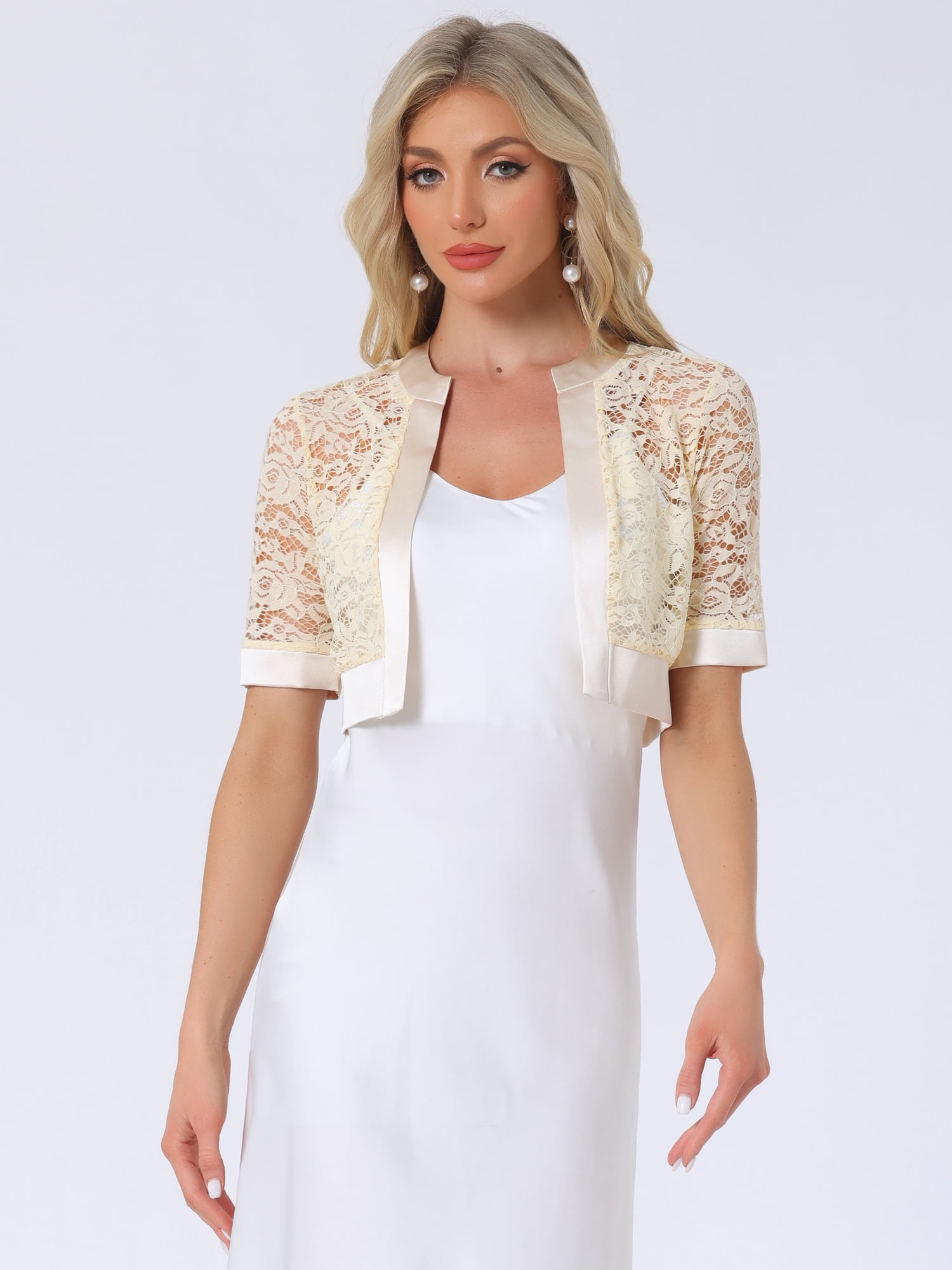 DARING DIVA Women's Lace Shrug Bolero Satin Panel Crop Cardigans L Beige
