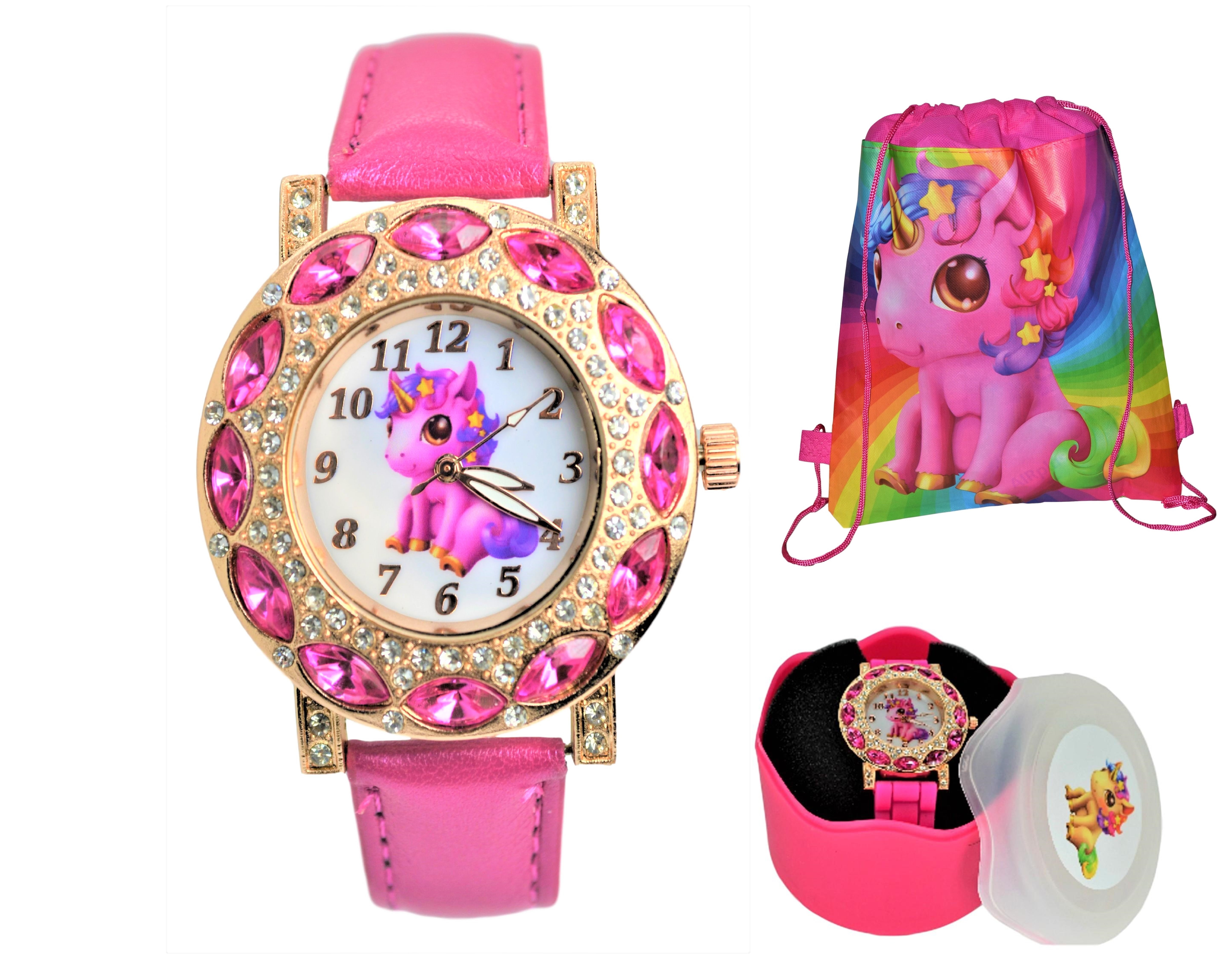 RRI Unicorn Stones GoldTone Analog Quartz Wrist Watch Gift Set For Girls Womens. Luminous