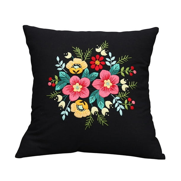 Kit de fundas de almohada bordadas DIY, decoración del hogar, patrón floral, punto de cruz hecho a mano negro