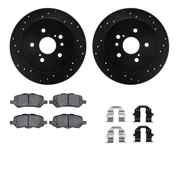 Dynamic Friction Company Rear Brake Rotors-Drilled and Slotted-Black with 5000 Advanced Brake Pads includes Hardware 8512-76169