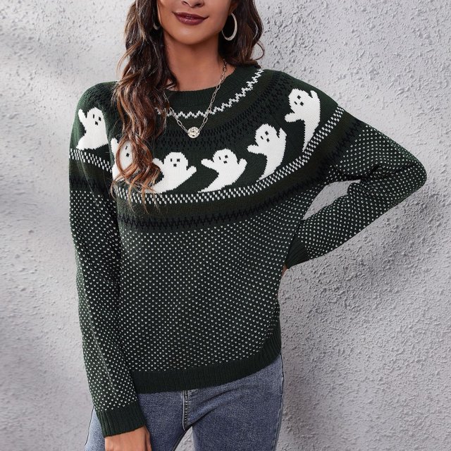 Suéter de fantasma de Halloween Suéter de punto de manga larga con cuello redondo y estampado de lunares de fantasma retro de Halloween para mujer Verde XXL