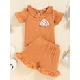 thumbnail image 3 of Toddler Girls Clothes Set Rainbow Pattern Short Sleeve Doll Neck Ribbed Tops Ruffled Elastic Waist Shorts Outfits, 3 of 9