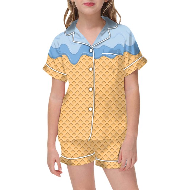 Icvfdpl Tenues d'Été pour Filles, Ensembles de Pyjamas 2 Pcs Enfants Imprimé Graphique Manches Courtes Chemise à Boutons Shorts Ensemble de Pyjama Mode Vêtements Fille, 10-11 Ans