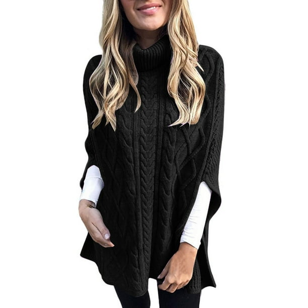 Gibobby Suéteres mujer, Suéter suelto de punto acanalado a rayas para mujer, cuello alto 2023, de manga larga, casual, de ajuste holgado(Negro,G)