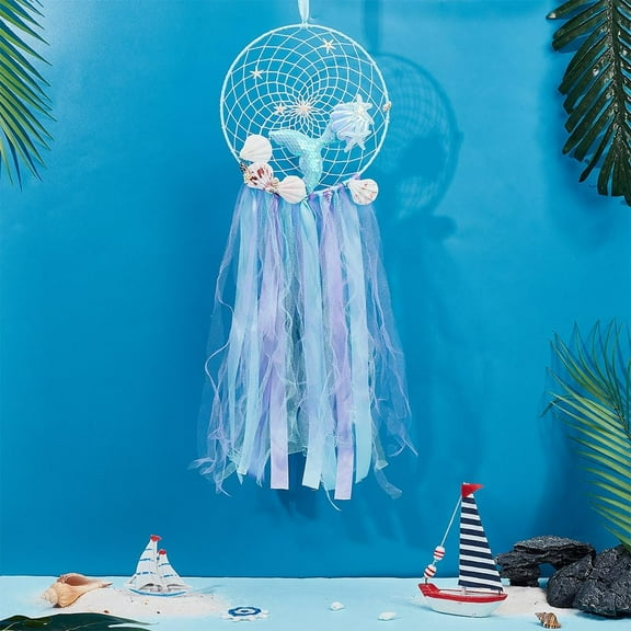 Mermaid Dream Catcher Kit DIY Large Dream Catcher Making Kit Ocean Theme Dreamcatcher Instruction Included Blue Dream Catcher Kit Bedroom Wall Decoration Nursery Room Hanging Charms