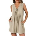 thumbnail image 2 of JURANMO Womens Rompers Summer Loose Sleeveless Pleated Tie Front V Neck Short Jumpsuits Solid Casual One Piece Shorts with Pockets Beige S Vacation Sales, 2 of 8