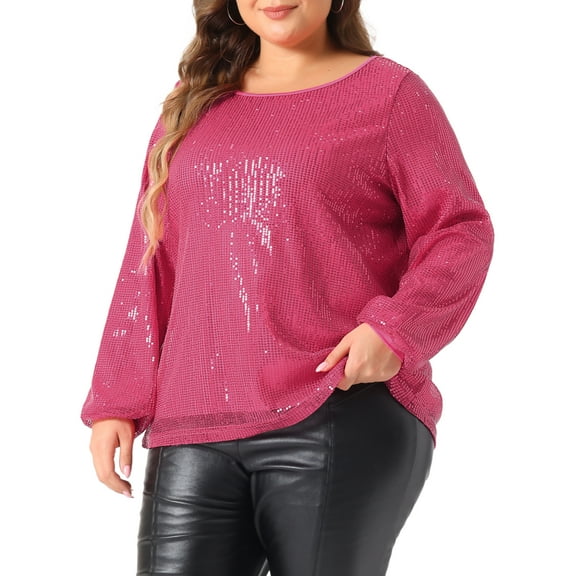 DARING DIVA Women's Plus Long Sleeve Glitter Sparkly Blouse 1X Hot Pink