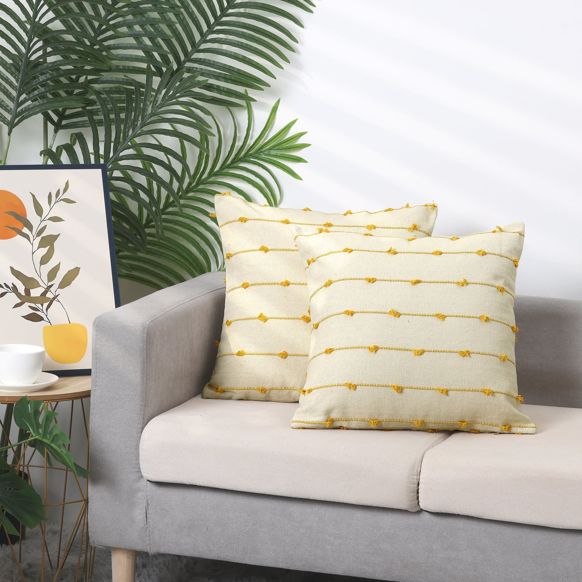 Unique Bargains 4 Pcs Striped Boho Pillow Covers Modern Square Neutral Decorative Cushion Yellow 16" x 16"