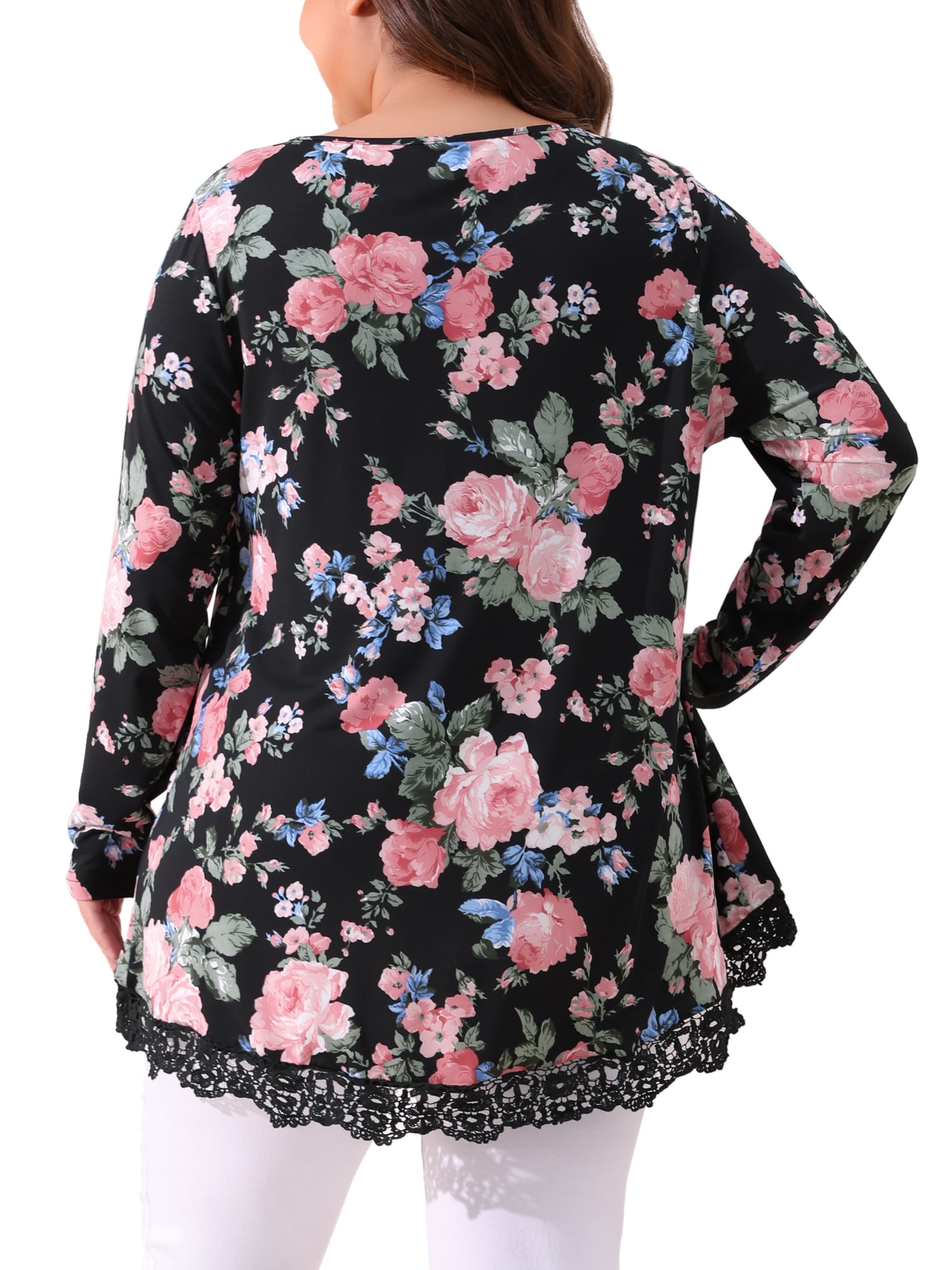 DARING DIVA Women's Plus Size Crew Neck Lace Trim A-Line Floral Blouse 3X Black
