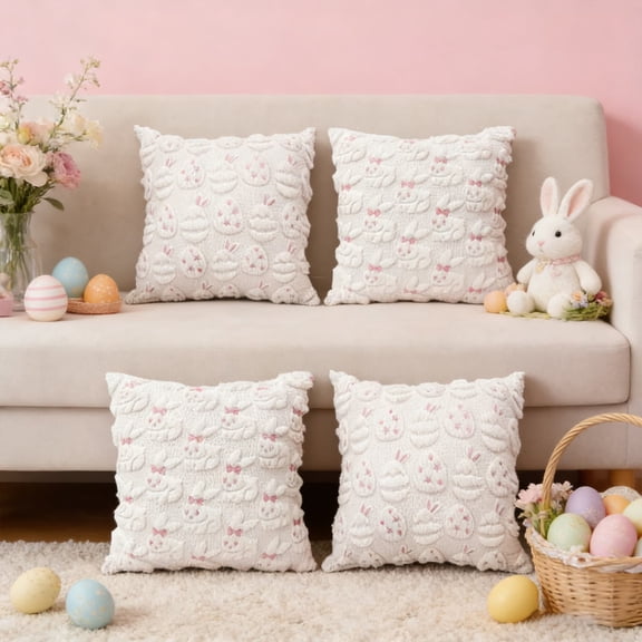 Embroidered Easter Egg Pillow Cover Spring Holiday Decor, Pastel Bunny Print Cushion Case with Hidden Zipper, Festive Accent for Sofa Bed Living Room Easter Brunch Table