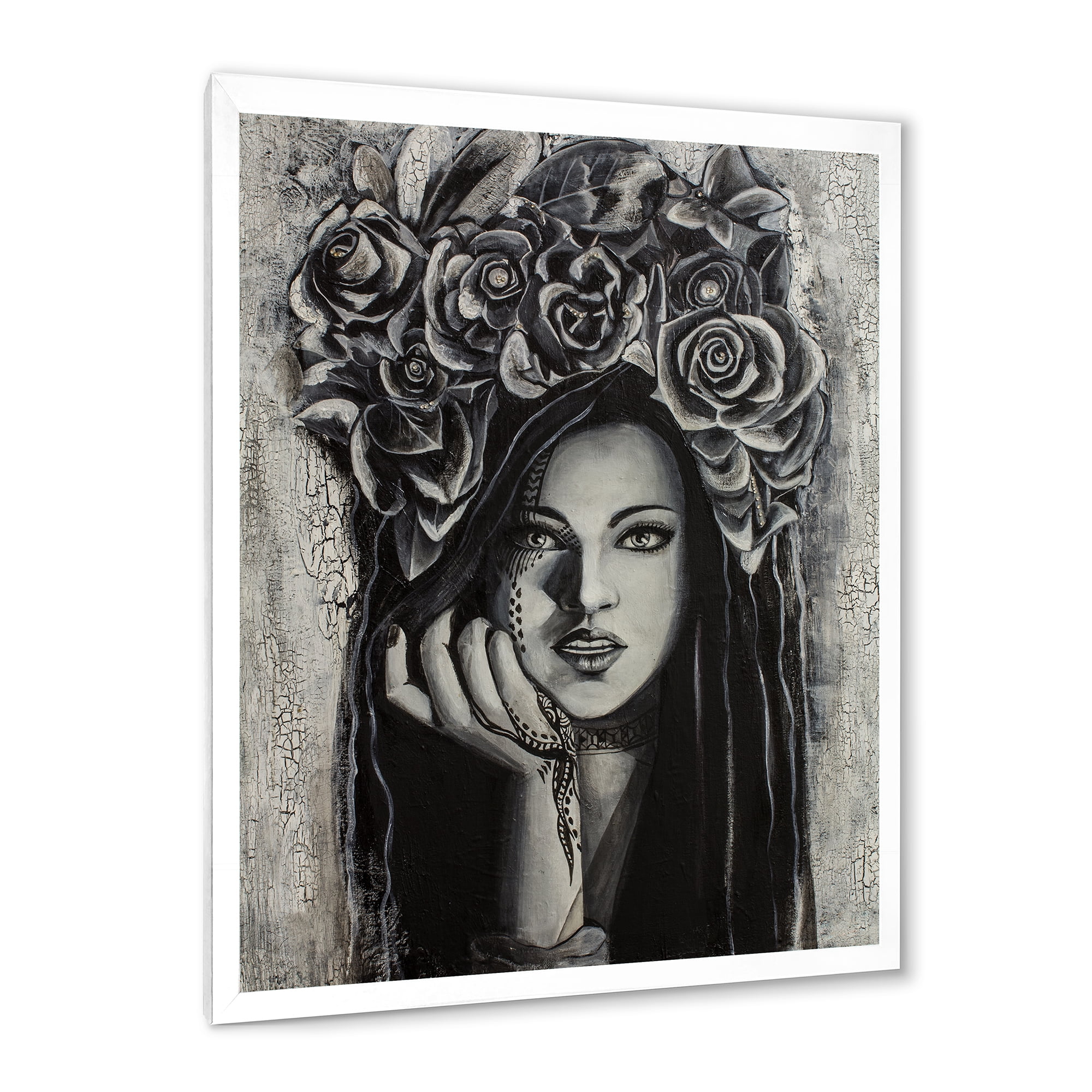 Designart 'Portrait Of A Young Woman With Flowers III' Modern Framed Art Print