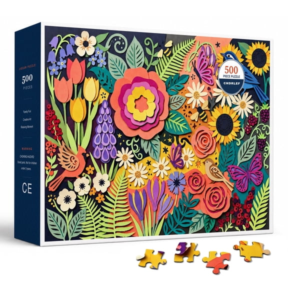 Colorful Paper Garden 500 Piece Jigsaw Puzzle for Adults, layered floral collage with blue bird, butterflies, sunflowers, daisies, tulips, bees and leaves, craft style nature puzzle, 20.5 x 15 in