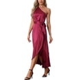 thumbnail image 4 of INSPIRE CHIC Women's Satin Sleeveless One Shoulder Belted Split Ruffle Evening Cocktail Dress Burgundy L, 4 of 5