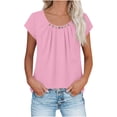 thumbnail image 2 of Women's Pleated Button Up Short Sleeve Round Neck Shirt Blouse Top, Casual Loose Fit Breathable Summer Fashion Tunic | CSEONE,Pink L, 2 of 9