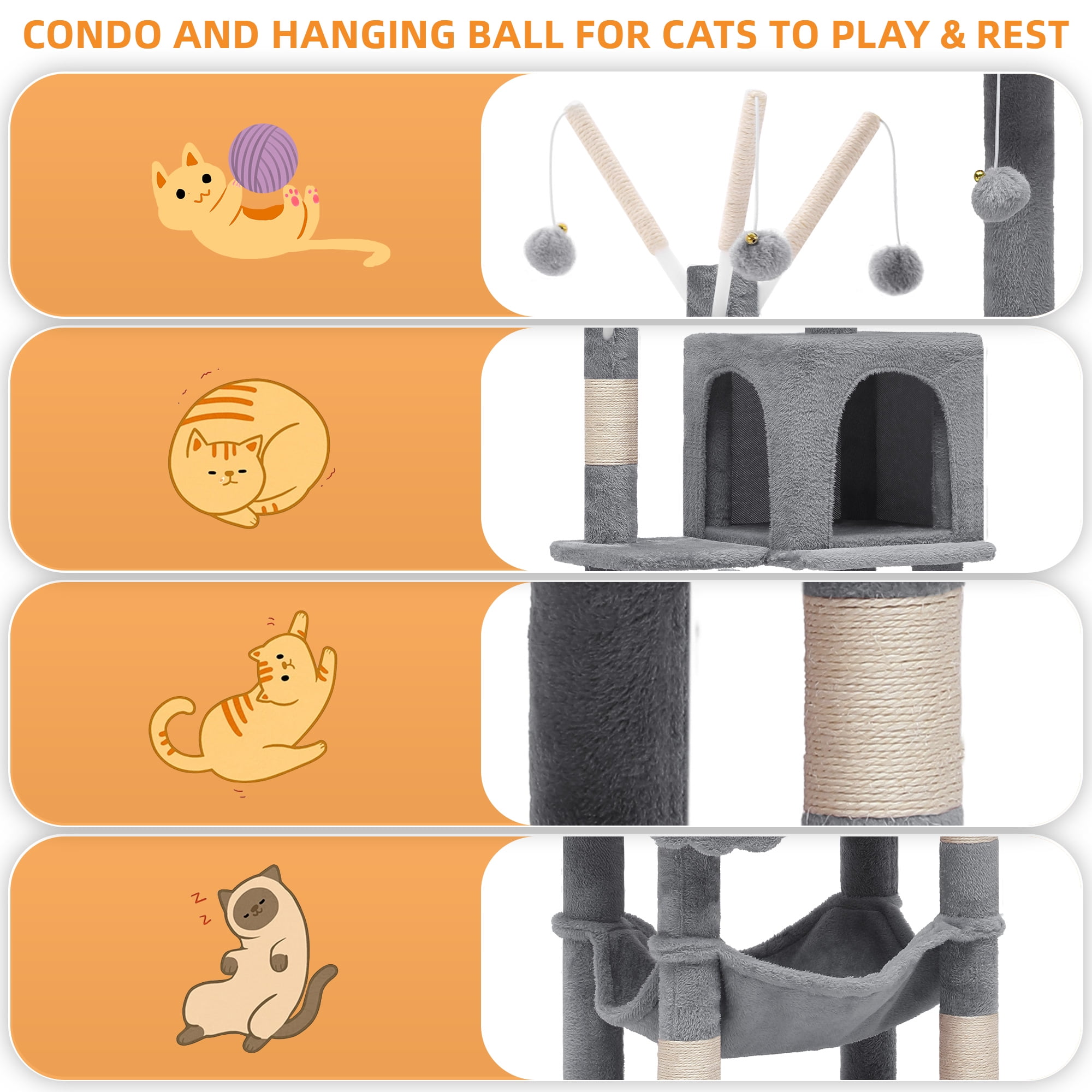Uforic 44" Cat Tree Condo with Scratching Posts & Hammock, Indoor Pet Play Center, Light Gray
