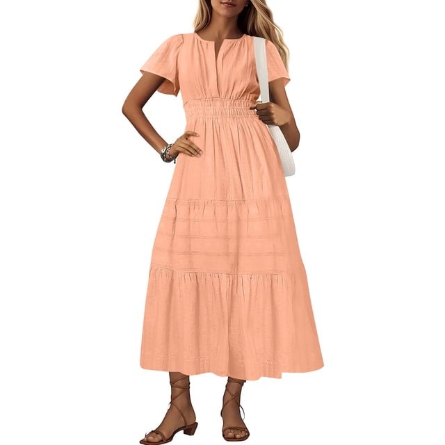 Robe d'Été pour Femmes DYTTDG Robe pour Femmes Unie à Manches Courtes Col en V Plissée Longue Robe Excellents Cadeaux à Petit Prix Orange,G