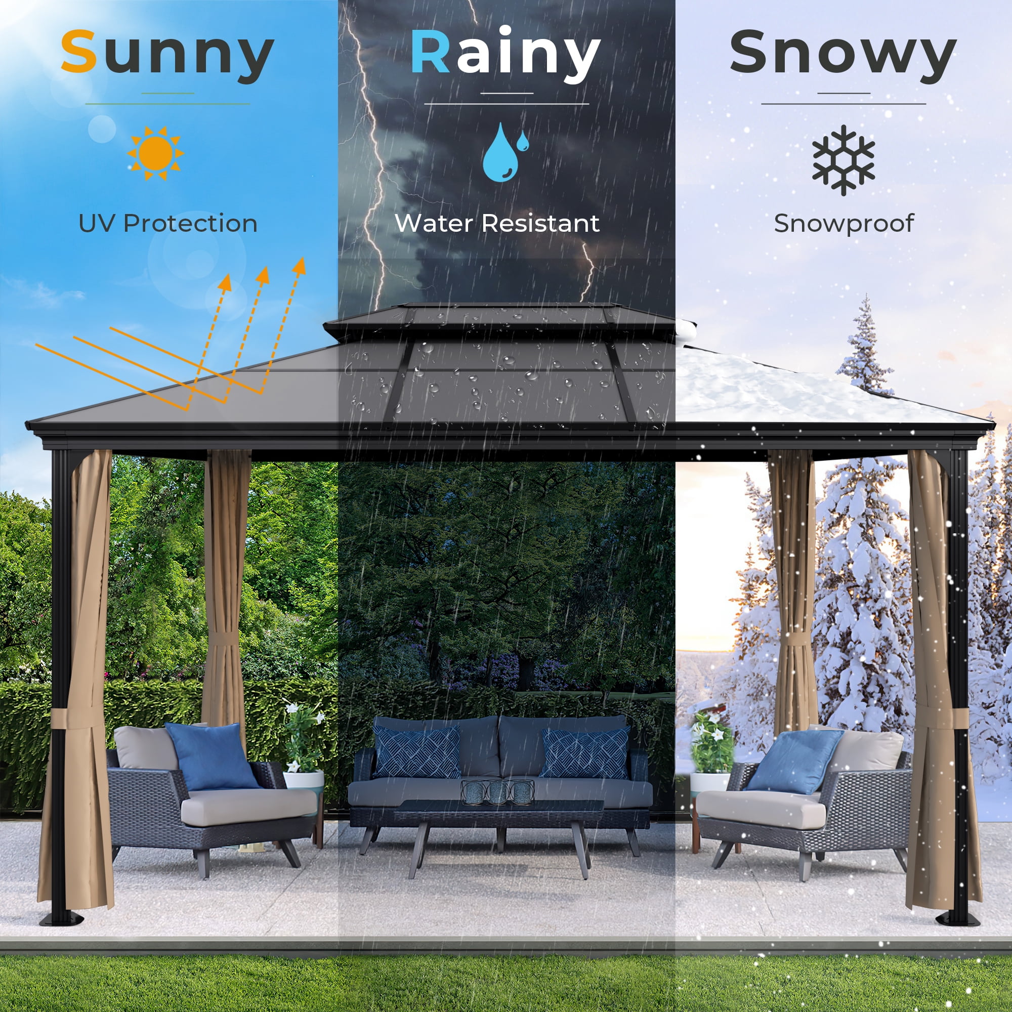 Furmax 10' x 13' Hardtop Gazebo, Black Polycarbonate Roof Aluminum Frame Netting & Curtains