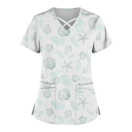 

SHUDAGENG Womens Tops Plus Size Cute Printed Scrub Working Uniform Tops for Womens Cross V Neck Short Sleeve Fun T-shirtss Workwear Tee with Double Pockets White M